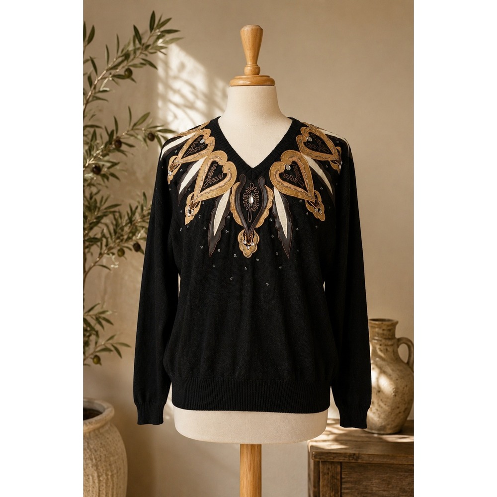 Vintage Hong Kong Embellished Statement Sweater Oversized Glam Black Gold XL